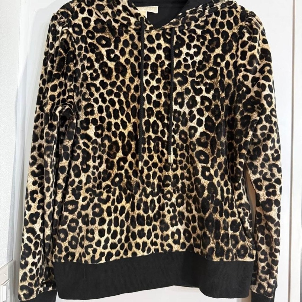 Michael Michael Kors Leopard Print Velour Hoodie Brown Black Gold MK M - Picture 3 of 8